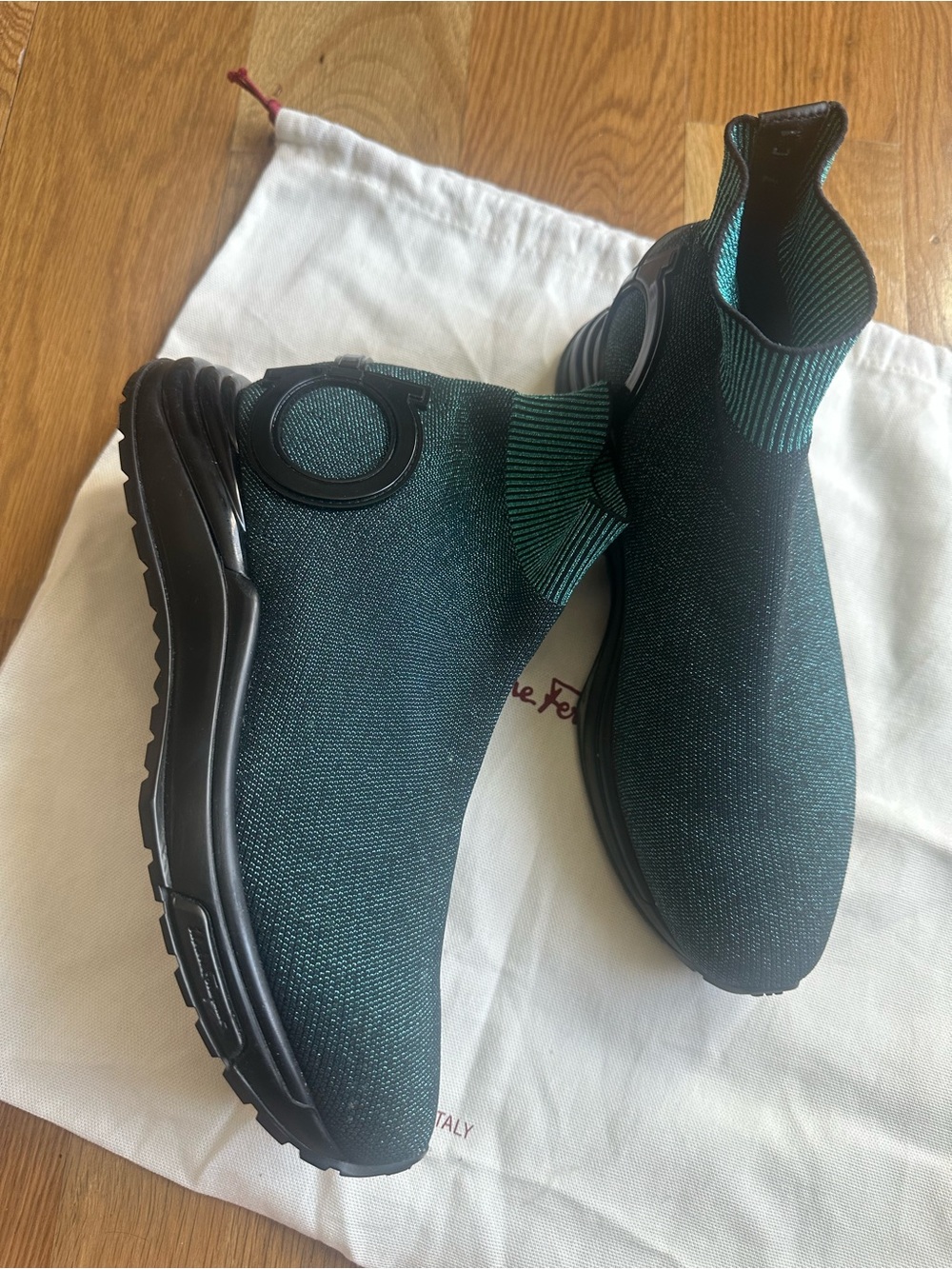 New Salvatore Ferragamao Knit Slip-On Sock Sneakers in Teal Black with dust bag